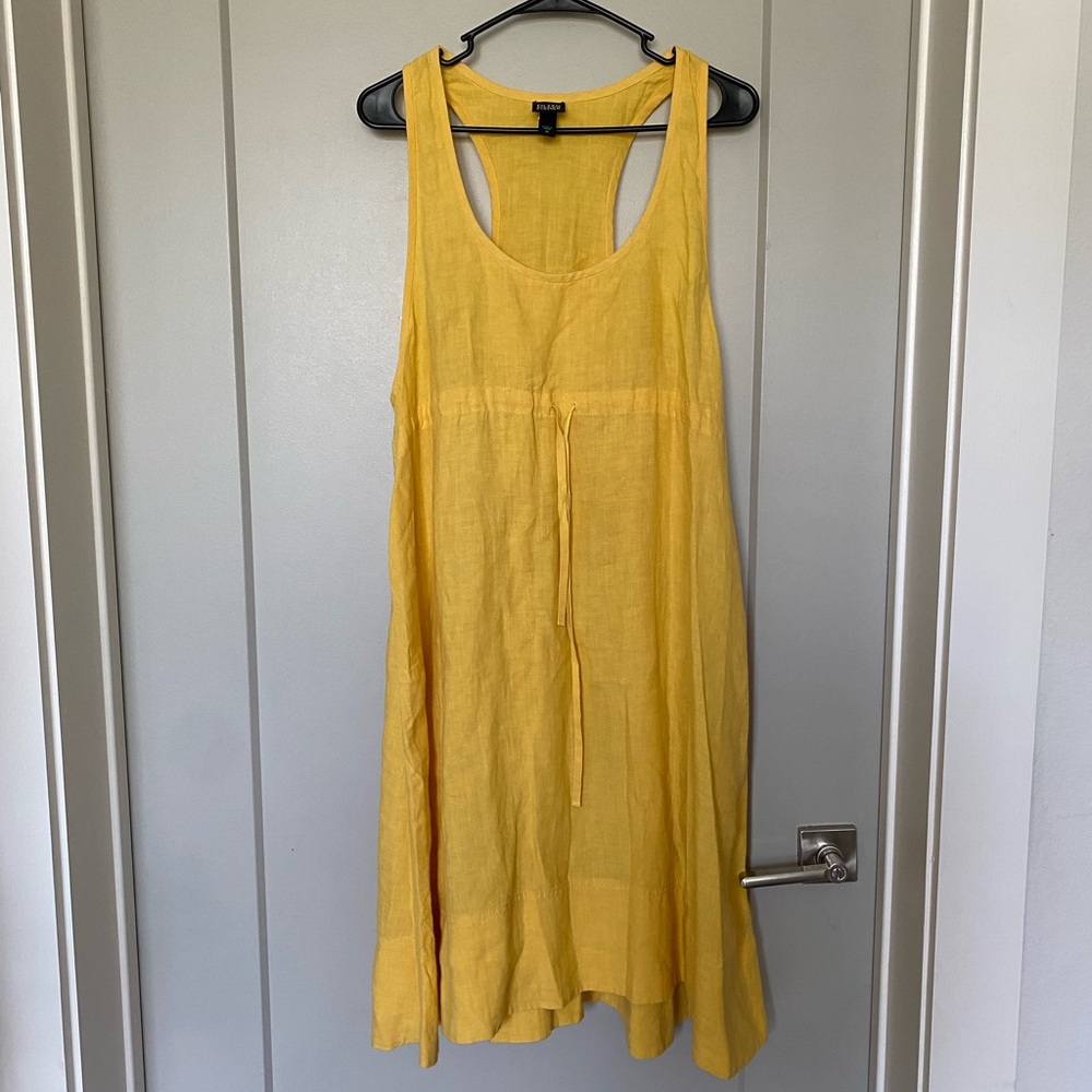 Eileen Fisher 100% linen yellow drawstring sleeveless sun dress medium